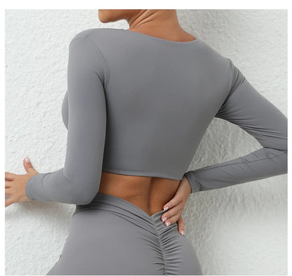 Long Sleeve Gym Crop Tops for Women Twist Deep V Workout Quick Dry Padded Sports Fitness Yoga T-Shirt