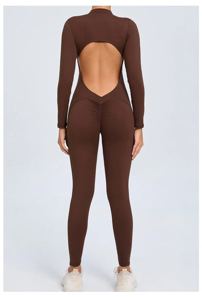Women Sportwear Yoga Jumpsuit Zip Long Sleeve Back Open Outfit Fitness Tracksuit Tight One-piece Gym Overalls Sports Bodysuit