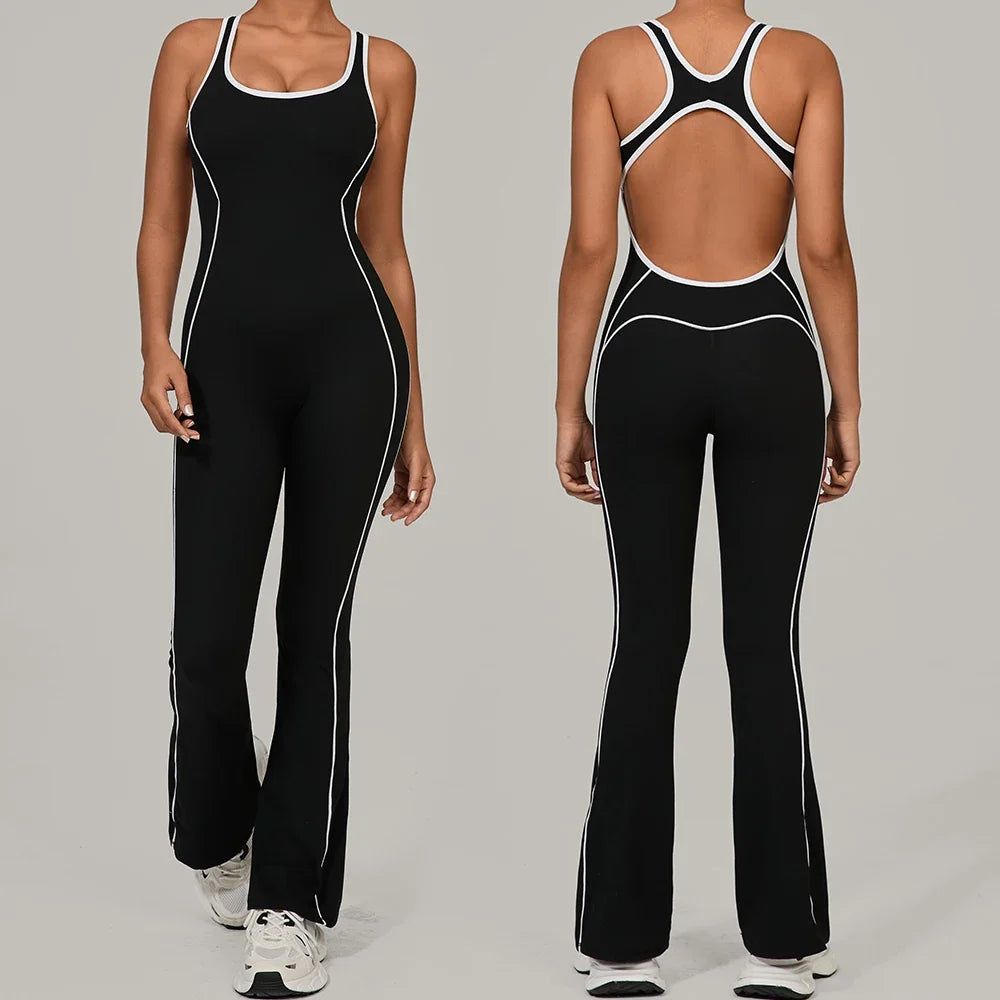 Sexy Backless Bodysuit Women's Set Tracksuits Fitness Sports Jumpsuit Yoga One-piece Suit Flared Pant Fast Dry Workout Clothes
