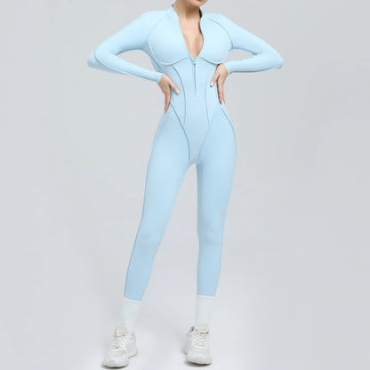 Padded Women Long Sleeve Sport Yoga Jumpsuit Workout Clothes for Women Sportwear Backless Zipper Fitness Gym Outfit