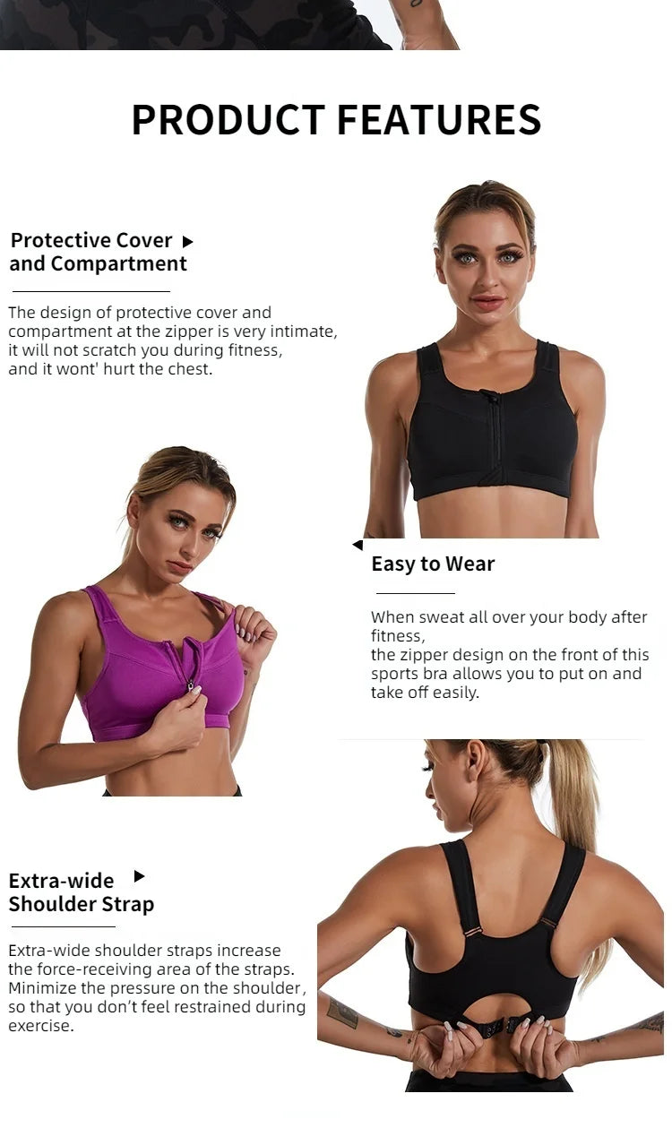 New Sports Bra Women Front Zipper Push Up Gym Jogging Crop Top More Size Tops Yoga Fitness Shockproof Vest Sport Bras for Women