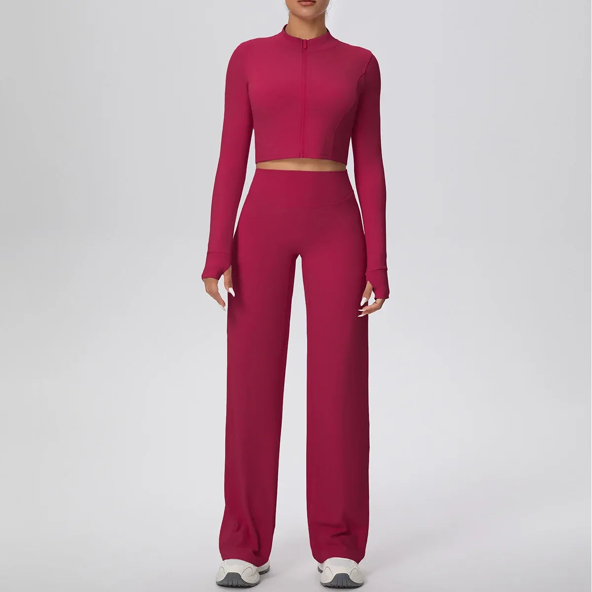 2 Pcs Women's Seamless Yoga Set Long-sleeved Wide-leg Pants Tracksuit Fitness Sports Set High-waisted Hip-lifting Slim-fit Suit