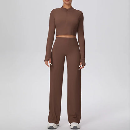 2 Pcs Women's Seamless Yoga Set Long-sleeved Wide-leg Pants Tracksuit Fitness Sports Set High-waisted Hip-lifting Slim-fit Suit