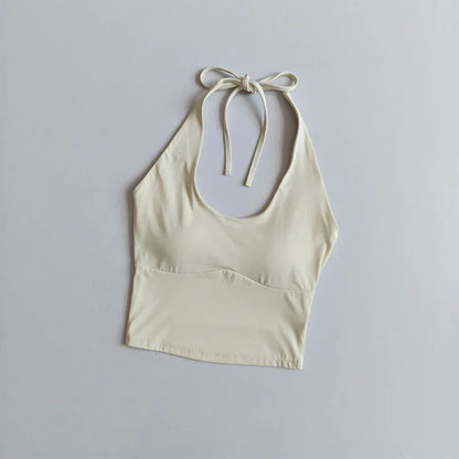 Women's Halter Neck Sports Bra Vest Slimming Tube Top for Yoga Gym Running Beautiful Back Sling Design One Cup Gathered Summer F